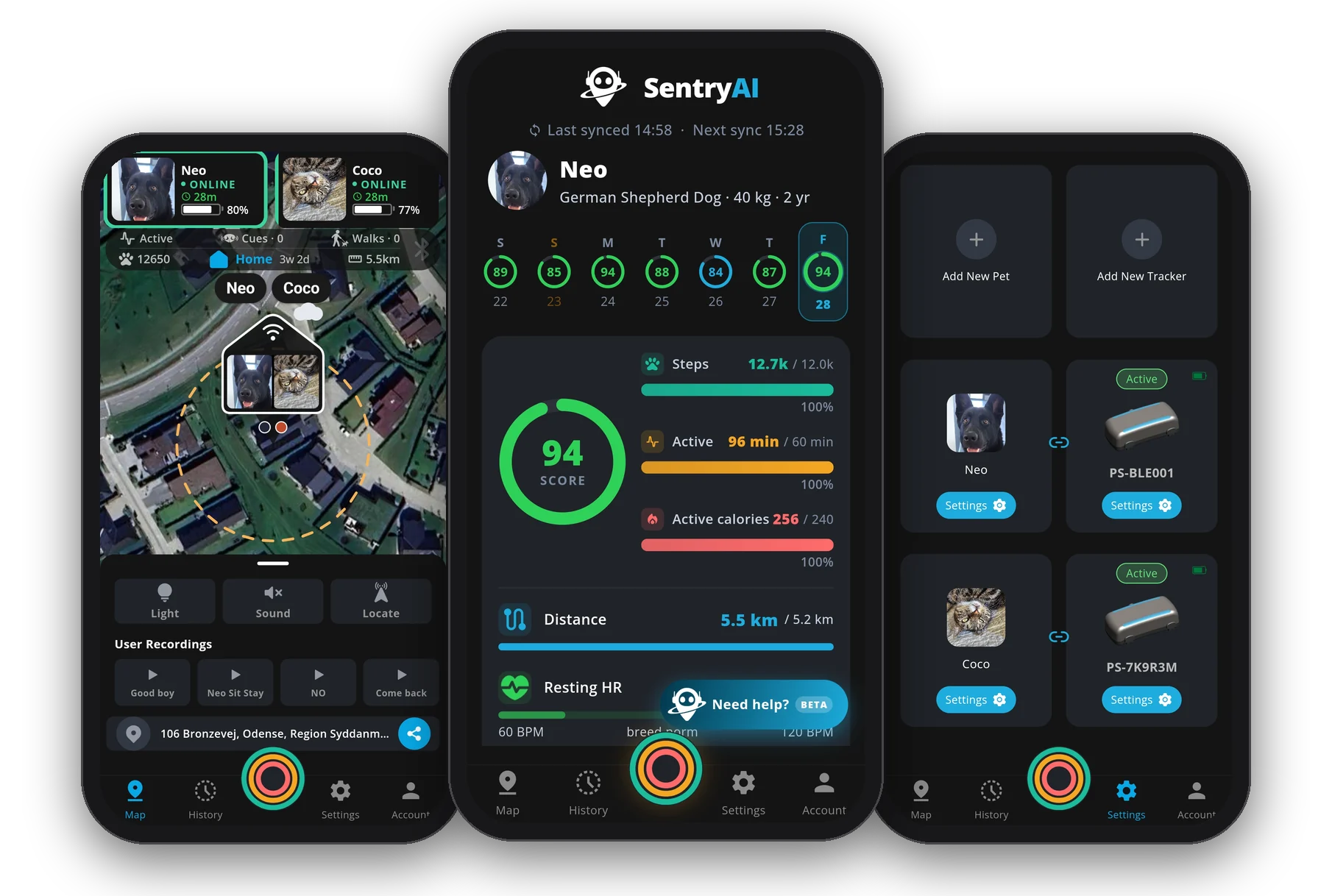 PawSentry mobile app, live map, health insights and settings
