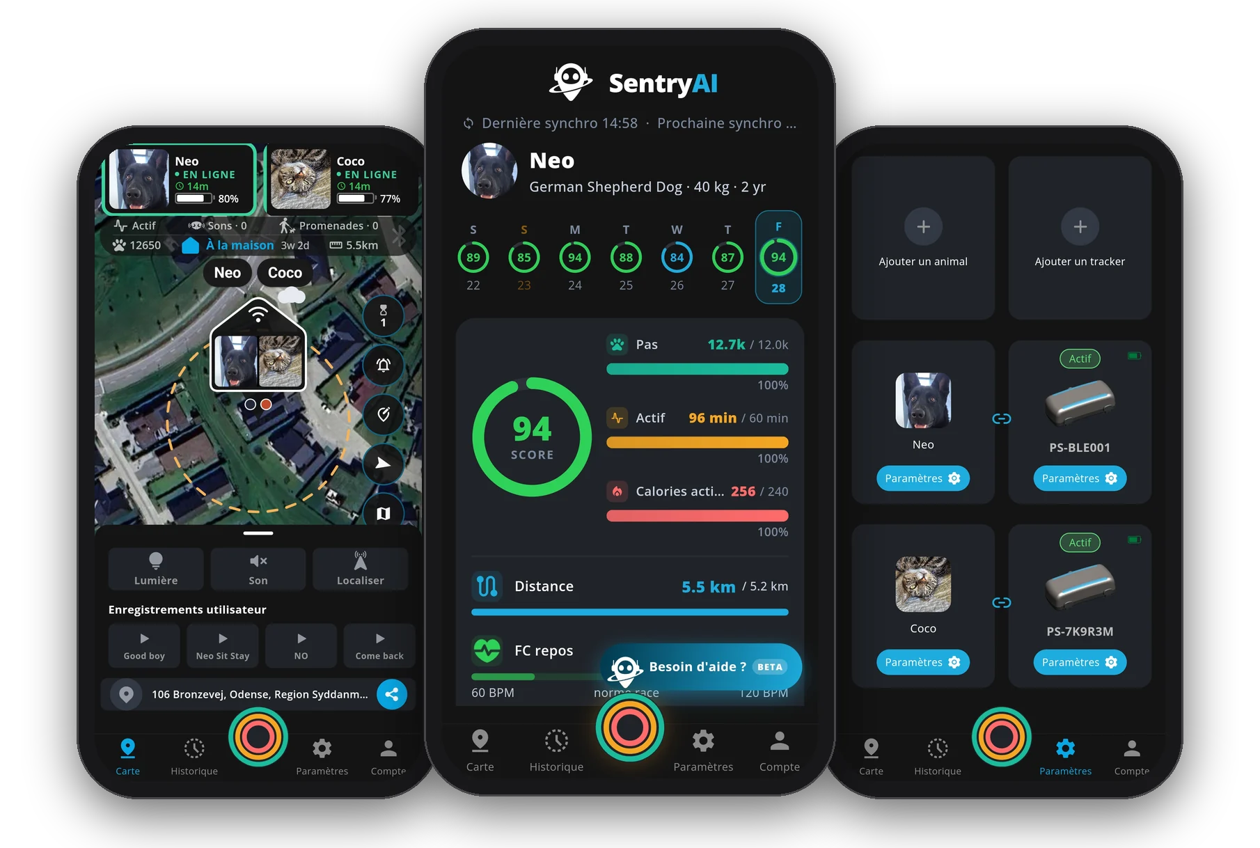 Application mobile PawSentry, carte en direct, suivi santé et réglages